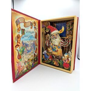 Vintage JOY Animated Wooden Santa Marionette Wind Up Music Box Book World Bazaar